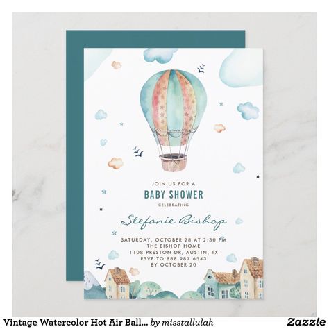 Watercolor Hot Air Balloon, Hot Air Balloon Invitation, Blue Hot Air Balloon, Baby Boy Shower Invitations, Rustic Baby Shower Invitations, Balloon Invitation, Idee Babyshower, Gender Reveal Party Invitations, Gender Neutral Baby Shower Invitations