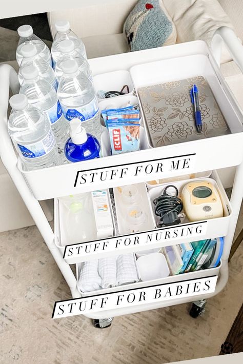 Nursing Organization Ideas, Nursing Cart Organizer Ideas, Mom Cart, Baby Cart Organizer, Nursery Rolling Cart Ideas, Organize Baby Stuff, Pumping Cart Ideas, Nursing Cart Organization, Nursing Essentials Cart