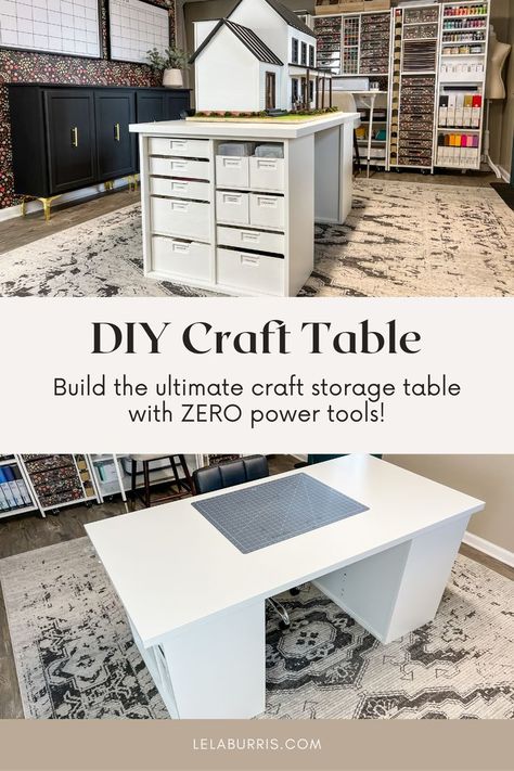 craft storage table tutorial no power tools Diy Craft Table With Storage, Large Craft Table, Craft Table With Storage, Diy Craft Table, Easy Diy Desk, Basement Craft Rooms, Office Craft Room Combo, Craft Room Desk, Craft Tables With Storage