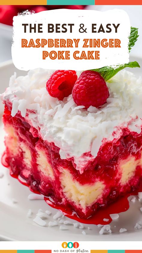 Get ready to dazzle your friends and family with the ultimate Raspberry Zinger Poke Cake Recipe! This dessert is a sweet spectacle, featuring layers of fluffy cake with zesty raspberry filling that oozes into every poke hole. It's topped off with a dreamy whipped frosting that'll make your heart sing. Perfect for holidays, potlucks, or just because you deserve a treat! So, why wait? Pin this recipe now and let the baking begin! Cake Recipes Raspberry, Raspberry Desserts Cake, Zinger Poke Cake, Raspberry Zinger Poke Cake, Cakes Coconut, Raspberry Zinger, Poke Cake Jello, Raspberry Cake Recipes, Poke Cake Recipe