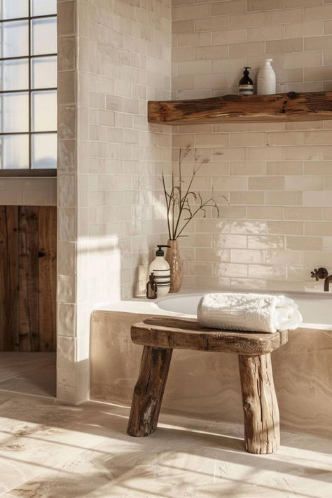 35 Farmhouse Bathroom Tile Ideas to Add Rustic Charm to Your Home Natural Shower Tile Ideas, Bali Style Bathroom Ideas, Bathroom Ideas Country Farmhouse, Organic Guest Bathroom, Natural Materials Bathroom, Italian Farmhouse Bathroom, Cottage Small Bathroom Ideas, Natural Tile Bathroom, Bathroom Floor Inspiration