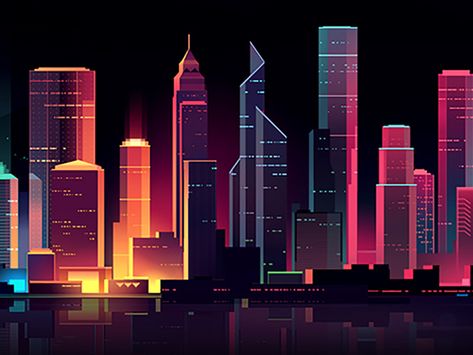 hella skyline 2 trystram retro future neon street city designer affinity vector illustration Neon Skyline, Neon Street, Classical Facade, Cityscape Wallpaper, Neon City, Retro Future, City Vector, Skyline Design, Art Deco Poster