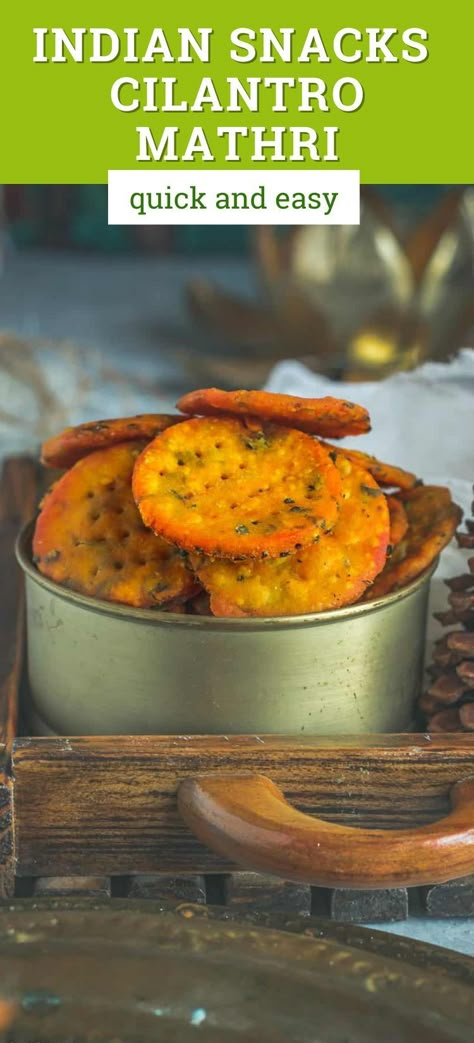 Cilantro Mathri is one of the popular Indian snack recipes that's loved by all! These fried savory Indian veggie biscuits/crisps are quick and easy to make. They can be made in 30 minutes using basic pantry staples. Indian Snacks Recipes Easy, Veggie Biscuits, Indian Savouries, Savory Biscuits Recipe, Healthy Indian Snacks, Savory Snack Recipes, Snacks Savory, Diwali Snacks, Savoury Biscuits