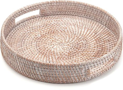 Amazon.com: Round Rattan Serving Tray Decorative Woven Ottoman Trays with Handles for Coffee Table White (Small 11.8 inch x 2.4 inch) : Home & Kitchen Tray On Ottoman, Woven Ottoman, Ottoman Trays, Rattan Serving Tray, Rustic Color Palettes, White Rattan, Woven Trays, Outdoor Bar Furniture, Serving Tray Decor