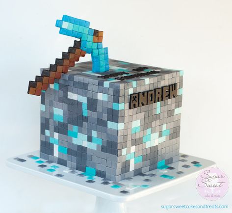 Diamond Ore Cube Minecraft Cake - by SugarSweet @ CakesDecor.com - cake decorating website Minecraft Pickaxe Cake, Minecraft Birthday Cake For Boys, Ore Minecraft, Minecraft Pickaxe, Minecraft Font, Pastel Minecraft, Minecraft Cakes, Minecraft Bday, Minecraft Diamond