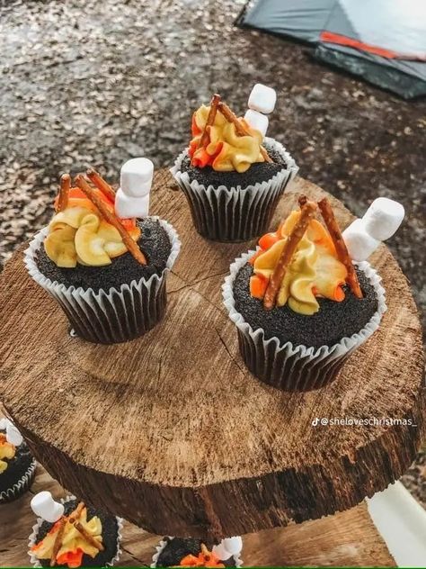 Forest Birthday Party Boy Camping Theme, Campout Birthday Party, Campfire Birthday Party, Camping Themed Birthday Party, Campfire Cupcakes, Happy Camper Birthday Party, Scout Knots, Glamping Birthday Party, Camping Theme Birthday Party