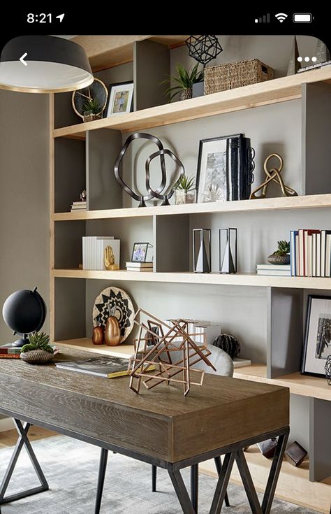 Staged Home Office, Home Office Bookcase Ideas, Home Office Flex Room, Home Office Book Shelves, Home Office Flex Space, Office Flex Room Ideas, Home Office Book Shelf Ideas, Flex Room Ideas Offices, Relaxing Office Space Ideas