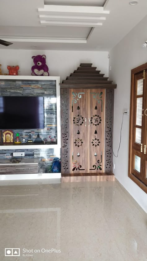 Pooja Room Pvc Door Design, God Cupboard Design, Pooja Room Entrance Design, Mandir Design Puja Room Modern Wooden, Tv Wall Design With Mandir, Pooja Mandir Door Designs, Pooja Room Door Design Modern, Pooja Room Double Door Designs, Mandir Designs