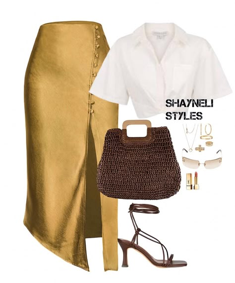 Brown And Gold Outfit, Gold Outfit Aesthetic, Gold Skirt Outfit, Vacay Outfits, Everyday Fashion Outfits, Modest Fashion Outfits, May 31, Looks Style, Lookbook Outfits