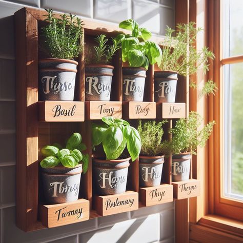 15 Herb Garden Ideas That Don't Need a Windowsill - Green Fingers Herb Kitchen Ideas, Kitchen Fresh Herbs, Kitchen Wall Herb Garden, Herb Wall In Kitchen, Herb Kitchen Garden, Kitchen Counter Herb Garden, Diy Herb Planter Indoor, Indoor Window Planter Ideas, Herb Shelf Kitchen