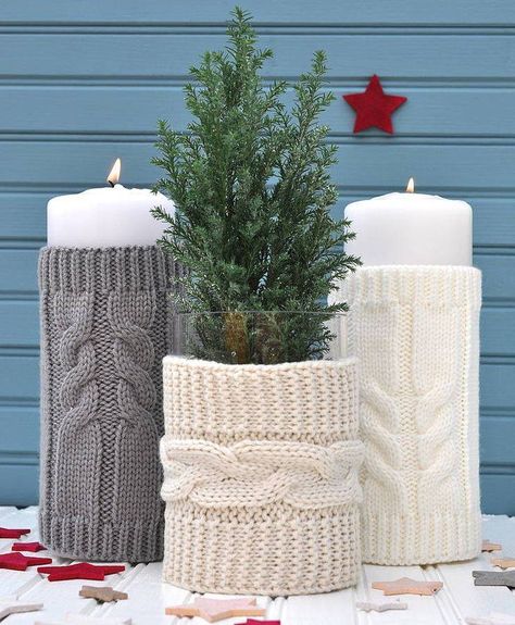 Love the sweater pot with little tree. Crochet Christmas Cozy, Christmas Candle Decorations Ideas, Candle Decoration Ideas, Candle Decoration, Cool Christmas, Christmas Candle Decorations, Candle Cover, Ideas Party, Noel Christmas