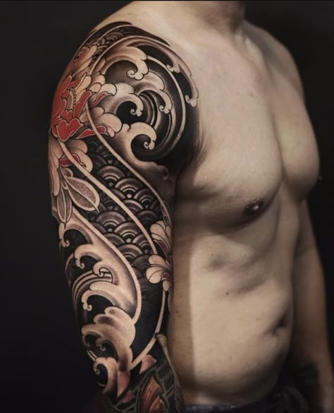 Japanese Geometric Tattoo Sleeve Designs, Irezumi Tattoos Design, Japanese Pattern Tattoo, Japanese Geometric Tattoo, Black And Grey Japanese Tattoo, Japanese Style Tattoo Sleeve, Asian Tattoos Men, Japanese Theme Tattoo, Japanese Tattoo Background