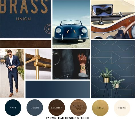 Paint + Petrol Auto Detailing moodboard and color inspiration for masculine logo and branding in navy blue, denim, wood, leather and brass Masculine Blue Aesthetic, Masculine Design Branding, Navy Blue Branding Identity, Blue Office Pallete, Navy Mood Board Inspiration, Male Branding Design, Men’s Mood Board, Masculine Mood Board, Navy Blue Mood Board