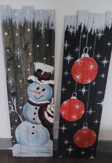 Christmas Leaning Boards, Christmas Board Painting, Painted Christmas Boards, Winter Porch Signs Diy, Christmas Pallet Ideas, Christmas Sign Diy, Christmas Pallet Signs, Diy Christmas Yard Decorations, Christmas Decor Diy Cheap