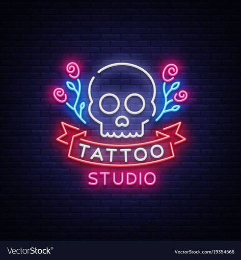 Neon Sign Tattoo, Rose Stem Tattoo, Tattoo Studio Interior, Neon Tattoo, Tattoo Salon, Pen Tattoo, Neon Style, Tattoo Signs, Gym Logo