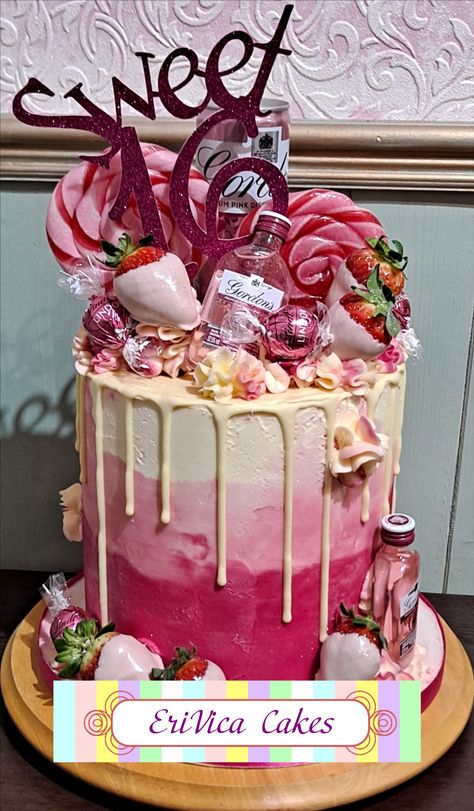 Pink gin sweet 16 strawberries and chocolate drip cake 16th Birthday Cake For Girls, 18th Birthday Cake For Girls, Birthday Cakes For Girls, Summer Birthday Cake, Cakes For Girls, Strawberries And Chocolate, Chocolate Drip Cake, Sweet 16 Birthday Cake, Christmas Cake Designs