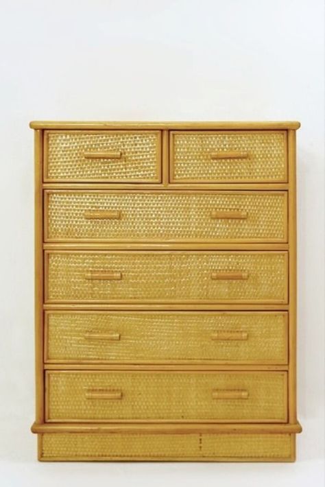 Mid-Century Modern Chest Of Drawers In Bamboo And Rattan, With 4 Long & 2 Short Drawers, 1970s Antique Interiors, Tallboy Chest Of Drawers, Unique Hardware, Modern Chest Of Drawers, Antique Interior, Late 20th Century, Antique Dresser, Chest Of Drawers, Statement Pieces