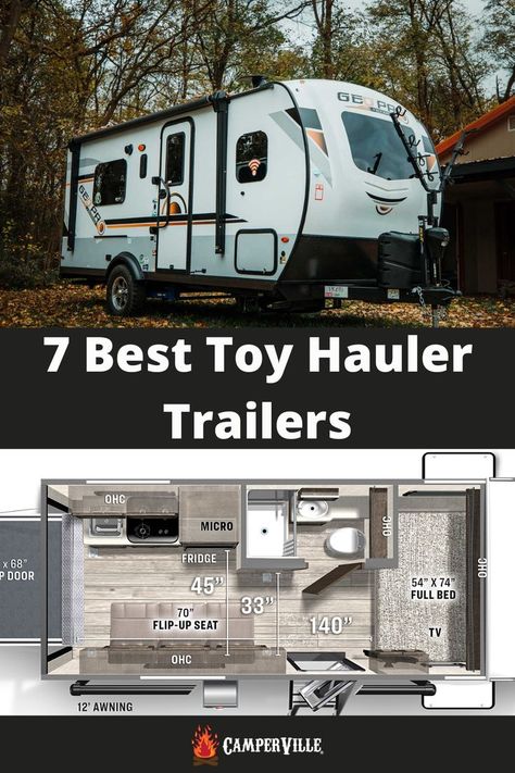 best toy hauler travel trailers - with external and layout images Toy Trailer Camper, Box Trailer Camper Conversion Toy Hauler, Toy Hauler Interior Ideas, Toy Hauler Camper Ideas, Small Toy Hauler Camper, Diy Toy Hauler, Camper Revamp, Toy Haulers For Sale, Hauling Trailers