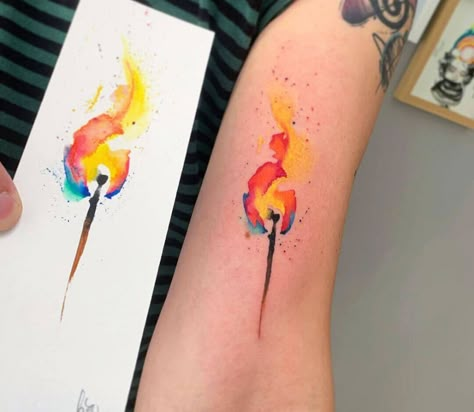 Burning match tattoo by Pablo Ortiz Tattoo | Photo 32106 Watercolor Fire Tattoo, Burning Match Tattoo, Match Tattoo Fire, Matches Tattoo, Blue Flame Tattoo, Glitch Tattoo, Divergent Characters, Match Tattoo, Tattoo Large