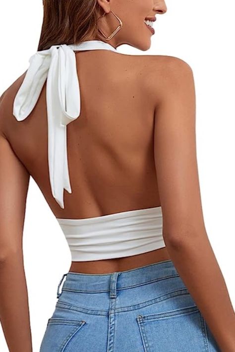 Woman modeling white halter top with a tied bow around her neck Low Cut Halter Top, Backless Halter Top, White Floral Top, Halter Tank Top, Backless Top, Easy Trendy Outfits, Halter Neck Top, Cami Crop Top, Crochet Crop Top