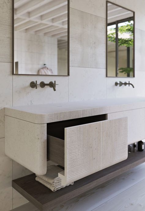 Davani + MERIDIAN collection | Luxury bath & spa collection | MERIDIAN WVS wall-mounted vanity with integrated sink Spa Vanity, Jacuzzi Bathroom, Bathroom Interior Design Luxury, Luxury Vanity, Furniture Details Design, Wall Mounted Sink, Stone Bathroom, Bathroom Design Inspiration, Bathroom Inspiration Decor