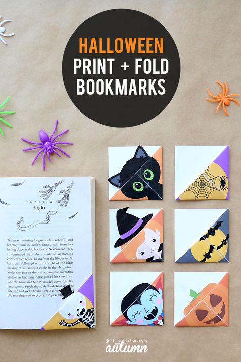 These Halloween bookmarks are a fun, easy, and cheap Halloween craft for kids. Just print the template, cut it out, and fold for a cute corner bookmark. Bookmarks Tutorial, Cheap Halloween Crafts, Halloween Bookmarks, Imprimibles Halloween, Halloween Infantil, Easy Crafts To Sell, Corner Bookmark, Fun Halloween Crafts, Cheap Halloween