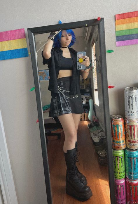 Platform Boots With Skirt, Black And Blue Aesthetic Outfit, Goth Platform Boots Outfit, Blue Edgy Outfit, Demonia Platforms Outfit, Platform Demonia Outfit, Alt Concert Outfit Summer, Alter Girl, Lovejoy Concert Outfit