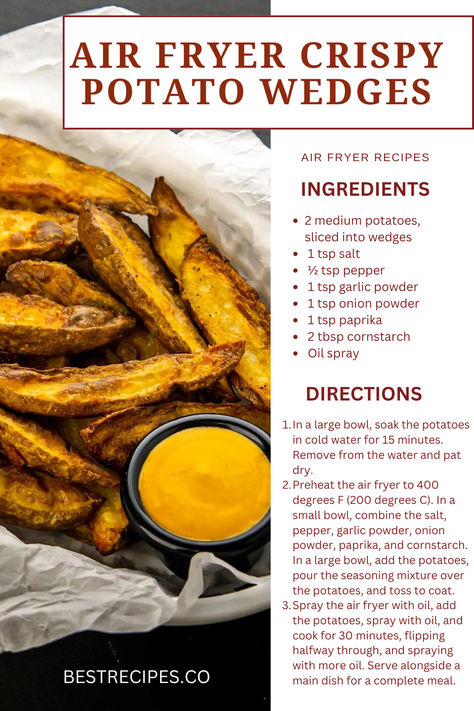 Enjoy the addictive crunch of Crispy Potato Wedges from the Air Fryer! When compared to typical frying methods, these golden-brown treats have a very crispy surface and a soft, fluffy interior—all while using a quarter of the oil. Perfectly seasoned with your preferred herbs and spices, these potato wedges are a guilt-free treat that go well with any meal or serve as a filling snack by themselves. | air fryer recipes | wedges recipes | wedges recipe easy | wedges recipe air fryer | snack recipes Air Fryer Wedges Recipe, Air Fryer Potato Wedges Recipe, Wedges Recipe Air Fryer, Potatoes Wedges Recipe, Potato Wedges In Air Fryer, Wedges In Air Fryer, Potato Wedges Air Fryer, Air Fryer Snack Recipes, Air Fryer Recipes Salmon