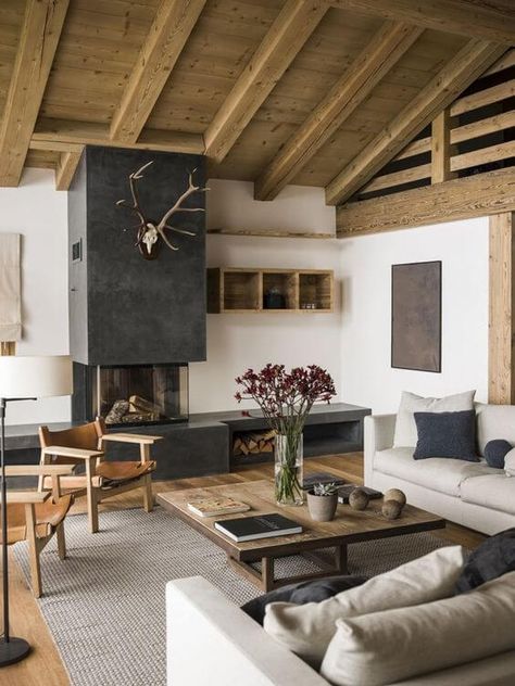 Chalet Modern, Modern Rustic Living Room, Modern Mountain Home, Modern Cabin, Rustic Living, Rustic Living Room, A Living Room, Decor Rustic, Rustic Furniture