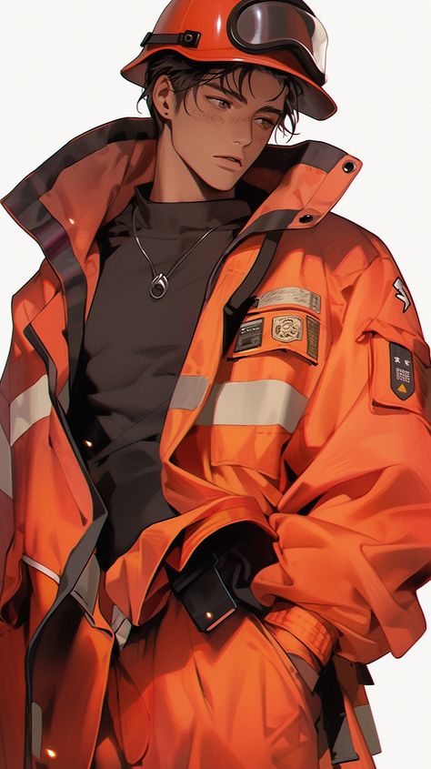 Anime Guy Mechanic, Anime Firefighter Guy, Firefighter Character Design, Firefighter Anime, Firefighter Character, Firefighter Drawing, Fire Theme, Firefighter Art, Female Firefighter