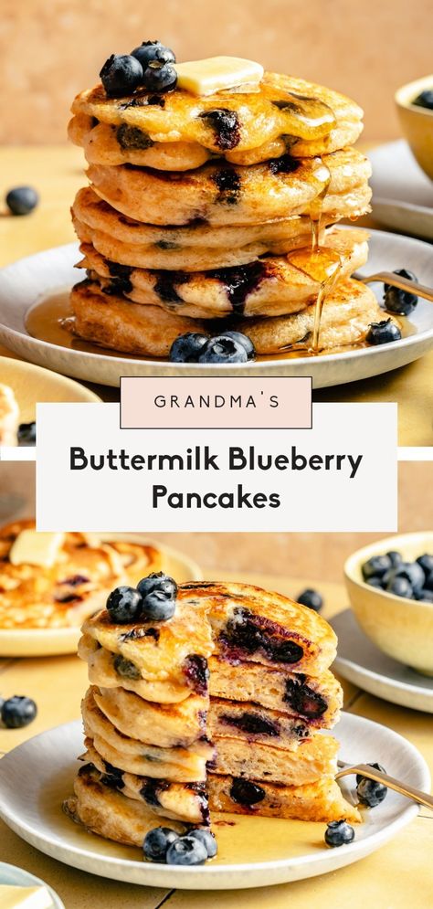 My Grandma Gloria's fluffiest buttermilk blueberry pancakes made with simple ingredients and lots of love. These pancakes are a staple in my house and even pack over 10g of protein and make the perfect breakfast for kiddos and adults! Add your fav topping and dig into this classic recipe. Blueberry Pancakes Easy, Oatmeal Protein Pancakes, Buttermilk Blueberry, Blueberry Buttermilk Pancakes, Blueberry Pancakes Recipe, Yogurt Pancakes, Ambitious Kitchen, Dinner Side Dishes, Pancakes Easy