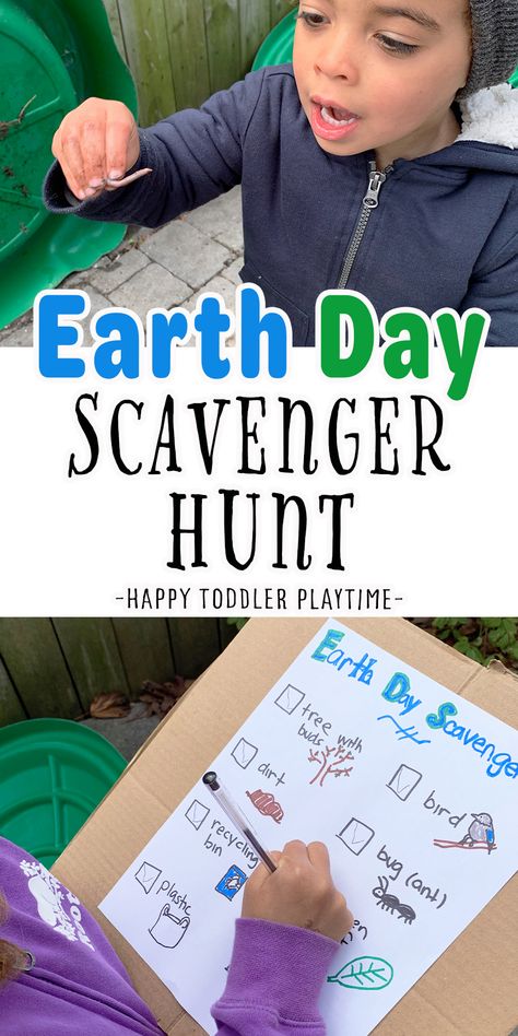 Easy Earth Day Scavenger Hunt - HAPPY TODDLER PLAYTIME Earth Day Scavenger Hunt Preschool, Earth Day Montessori Activities, Healthy Earth Activities For Preschool, Earth Day Songs For Toddlers, Gross Motor Earth Day Activities, Earth Day Movement Activities, Earth Day Language Activities Preschool, Earth Day Toddlers, Earth Day Circle Time Preschool