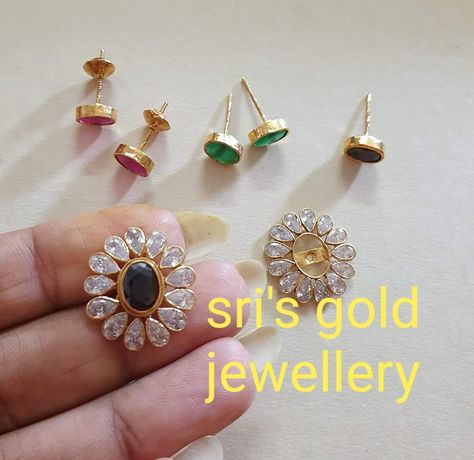 Gold Changable Earrings, Changable Earrings Gold, Chinna Buttalu Earrings Gold, Stone Changeable Gold Earrings, Changable Stone Earrings Gold, Stone Studs Earrings Gold Indian, 22k Gold Earrings With Stone Work For Gift, Navratna Earrings Gold, Navratna Pendant