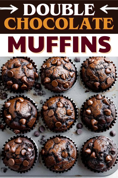 Rich, decadent, and utterly irresistible, these double chocolate muffins, with pockets of melt goodness in every bite, are the perfect way to start your day. Quick Snack Ideas On The Go, Chocolate Baked Goods Recipes, Mini Double Chocolate Chip Muffins, Chocolate Mini Muffins Easy, Best Muffins Ever, Double Chocolate Protein Muffins, Double Chocolate Chunk Muffins, Chocolate Chocolate Muffins, Homemade Muffin Recipes