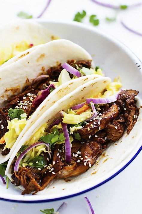 Slow Cooker Korean BBQ Pork Tacos Slow Cooker Korean Bbq, Bbq Pork Tacos, Korean Bbq Pork, Bbq Tacos, Korean Bbq Sauce, Korean Pork, Pork Bbq, Fried Chicken Breast, Pork Tacos