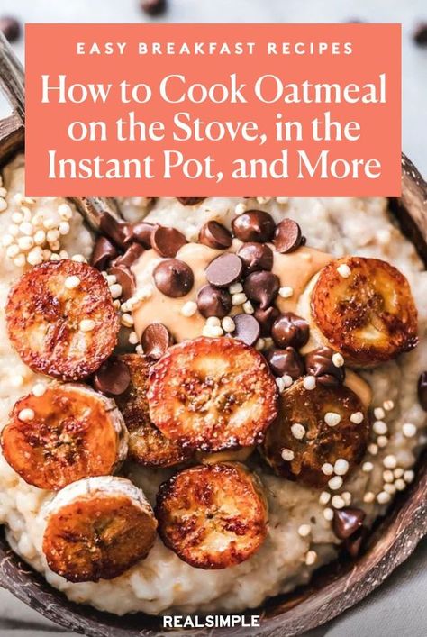 Learn how to cook oatmeal on the stove, along with several easy oatmeal recipes. Then, keep reading to discover how to cook oatmeal in the Instant Pot, how to cook steel-cut oats, and more. #breakfastrecipes #brunchrecipes #realsimple #oatmealrecipes #homemadeoatmealrecipes Easy Oatmeal Recipes, Oat Groats, Savory Oatmeal, Cooking Oatmeal, Instant Oatmeal, Easy Oatmeal, Overnight Oats Recipe, Baked Oatmeal, Feeding A Crowd