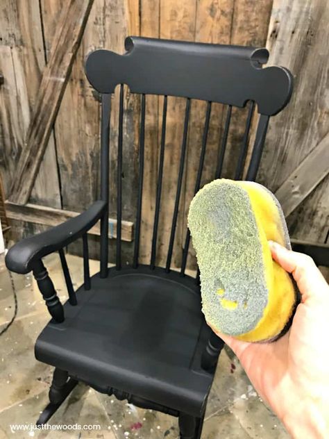 See how to paint a wooden rocking chair with spindles the easy way. A painted rocking chair project doesn't have to be hard because painting a rocking chair with a paint sprayer will make your life easier. #paintrockingchair #paintspindles #paintedrockingchair #woodenrockingchair #paintedfurniture #blackpaintedfurniture #howtopaintspindles #howtouseapaintsprayer #paintsprayerprojects #homeright Redoing Rocking Chair Wood, Painting Old Chairs Wood, Painted Rocking Chairs Porch, Painting Spindle Chairs, Painted Rocking Chair Ideas Front Porch, Refurbish Rocking Chair Diy, Custom Rocking Chair, Rocking Chair Make Over, Wooden Rocking Chair Makeover Ideas