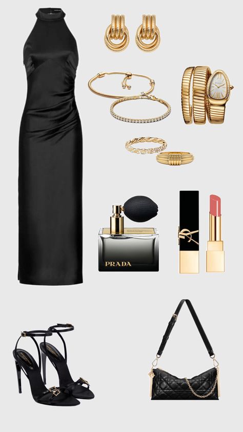 Gold Outfits For Women Party, Black Dress Gold Accessories Formal, Elegant Black Dress Outfit, Birthday Dinner Date Outfit, Fancy Dinner Party Outfit, Black And Gold Outfit Classy, Black Tie Event Outfit, Black Dress Aesthetic, Dinner Clothes