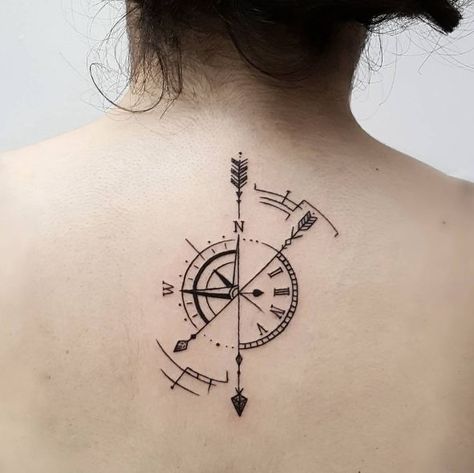 Time i was born in the clock Arrow Compass Tattoo, Meaning Of Arrow Tattoo, Arrow Tattoo Design, Compass Tattoo Design, Dragon Tattoo For Women, Initial Tattoo, Tattoo Girls, Clock Tattoo, Arrow Tattoo