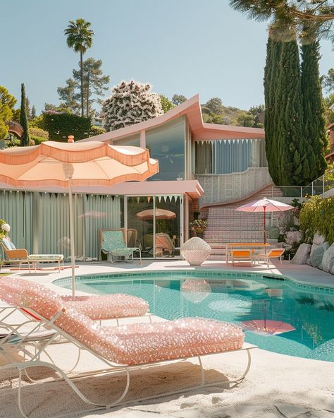 A touch of glamour to the Mid Century pool area 🏡 #mcm #architecture #midcenturymodern #midcenturyfurniture #glamour #glitterdecor #pooldesign #retroarchitecture #thisisnotreal #midjourney Retro Backyard, Mid Century Modern Pool, Mid Century Pool, Mid Century Photography, Mcm Architecture, Mid Century Modern Patio, Mid Century Palm Springs, Palm Springs Aesthetic, Dessert House