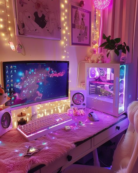 Pink Anime Room, Dreamscape Room, Dual Setup, Table In Bedroom, Desk And Table, Pc Games Setup, Aesthetic Gaming, Work Setup, Dorm Diy