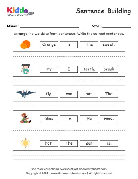 In this free printable Sentence Building worksheet students have to arrange the words to form sentences and write the correct sentences. Sentence Making For Class 1, Re Arrange The Sentences Worksheet, Write Sentences Worksheets, Build A Sentence Free Printable, Sentence Building Worksheets For Grade 2, Make Sentences Worksheet, Grade 5 English, Sentence Correction Worksheets, English Sentence Structure