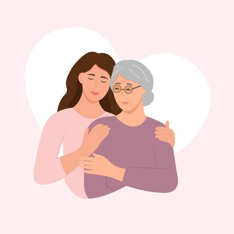 Happy Young woman hugging her old mother with love. Mother and daughter. Mothers day .Portrait of young woman hugging her grandma. Friendly family relationship. vector flat illustration Mother And Daughter Drawing, Hugging Drawing, Hug Cartoon, Relationship Drawings, Family Hug, Hug Illustration, Mother Daughter Art, Friends Illustration, Mother Daughter Relationships