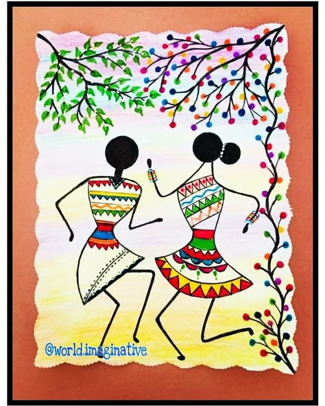 Colourful Warli Painting, Madhubani Painting Drawing, Varli Painting Art Simple, Madhubani Easy Art, Worli Painting Designs Easy, Simple Warli Art, Madhubani Art Easy And Simple, Madhubani Art Simple, Easy Folk Art Painting