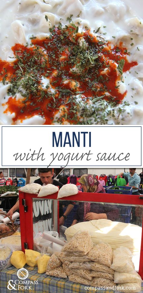 Manti is often described as Turkish ravioli or dumplings. It is essentially a very small version of ravioli, usually filled with a slightly… Manti Recipe, Garlic Yogurt Sauce, Yoghurt Sauce, Garlic Yogurt, Turkey Food, Paprika Sauce, Turkish Food, Pasta Machine, Mouthwatering Recipes