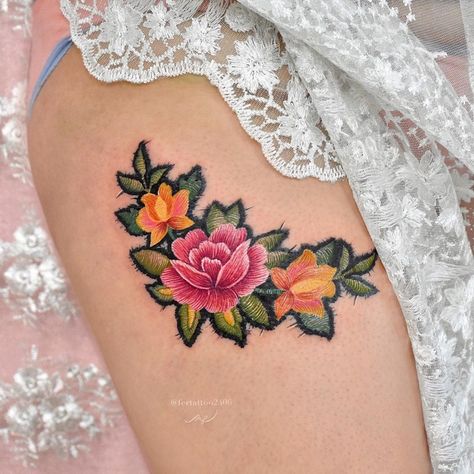 Cross Stitch Tattoo, Embroidery Tattoo, Landscape Tattoo, Mexican Embroidery, Latest Tattoos, Hummingbird Tattoo, Flower Tattoo Designs, Tattoo Trends, Popular Tattoos