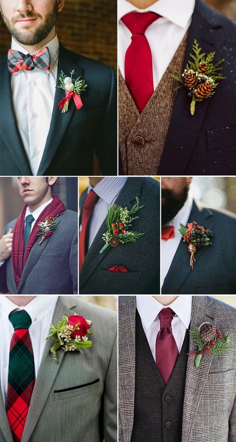 December Wedding Groom Attire, Christmas Wedding Place Settings, Christmas Wedding Groomsmen, Christmas Wedding Groom, Christmas Wedding Suits, Christmas Boutonniere, Winter Wedding Boutonniere, Christmas Groomsmen, Diy Christmas Wedding