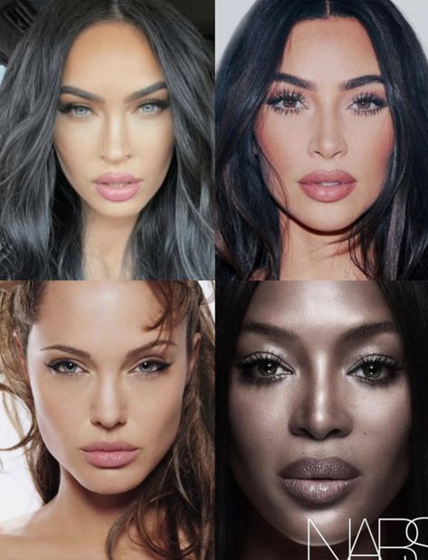 headshots of megan fox, kim kardashian, angelina jolie, and naomi campbell, all of whom have ethereal dramatic in their style type per theories of kibbe and kitchener Romantic Archetype Makeup, Theatrical Romantic Makeup, Ethereal Dramatic, Dramatic Ethereal, Toned Autumn, Theatrical Romantic Style, Ethereal Romantic, Style Essence, Ethereal Essence