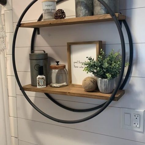 Dollar Tree Hula Hoop Farmhouse Shelf - The Happy Farmhouse Hula Hoop Shelf Diy, Hula Hoop Wall Decor, Above Toilet Decor Farmhouse, Bathroom Wall Shelf Decor, How To Decorate A Bathroom Shelf, Diy Bathroom Shelf Ideas, Bathroom Wall Shelf Ideas, Hula Hoop Shelf, Diy Bathroom Shelf