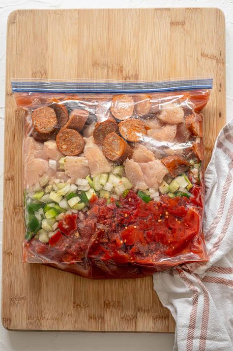 jambalaya ingredients layered in a freezer bag Jambalaya Recipe Instant Pot, Instant Pot Jambalaya, Batch Meals, Thriving Home, Jambalaya Recipe, Dairy Free Dinner, Andouille Sausage, Andouille, How To Cook Rice